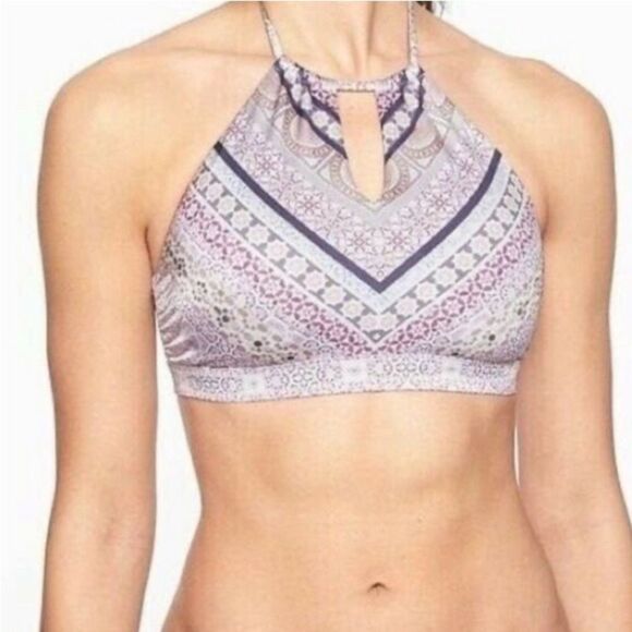 Athleta Aqualuxe Bikini Purple and Cream Halter Top Low Rise Bottoms Small Med - Picture 2 of 7